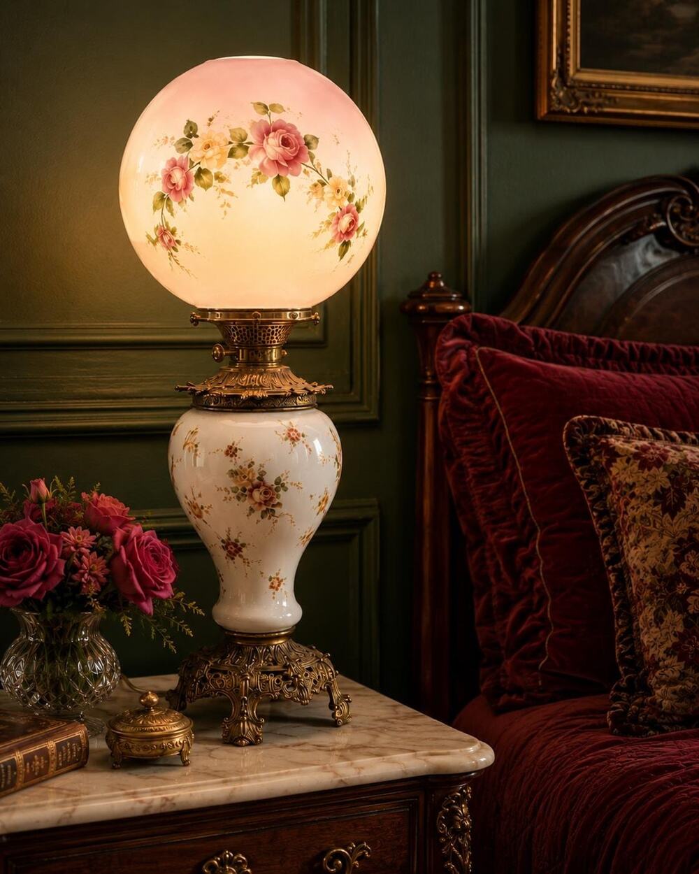 Antique Gone With the Wind Lamp Hand Painted Floral Globe Electrified 25"